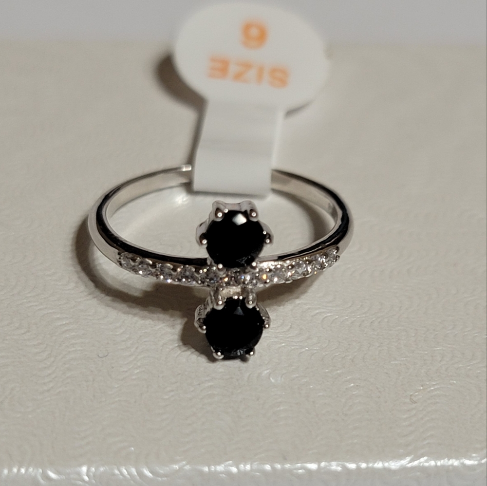 Genuine black onyx & white topaz sterling silver ring